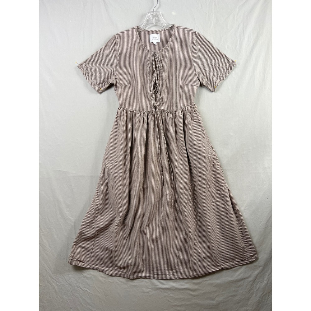 Things Between Midi Dress Women S Striped Ticking Brown White Tie Front Cotton